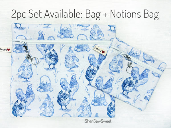 Blue Chickens Quilted Cross Stitch Project Bag