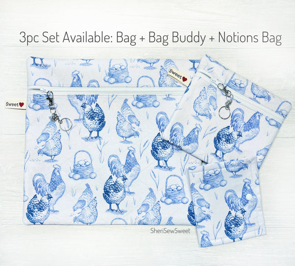 Blue Chickens Quilted Cross Stitch Project Bag