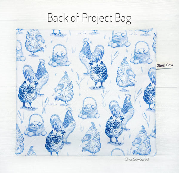 Blue Chickens Quilted Cross Stitch Project Bag