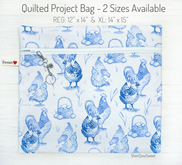 Blue Chickens Quilted Cross Stitch Project Bag