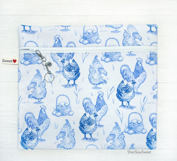 Blue Chickens Quilted Cross Stitch Project Bag