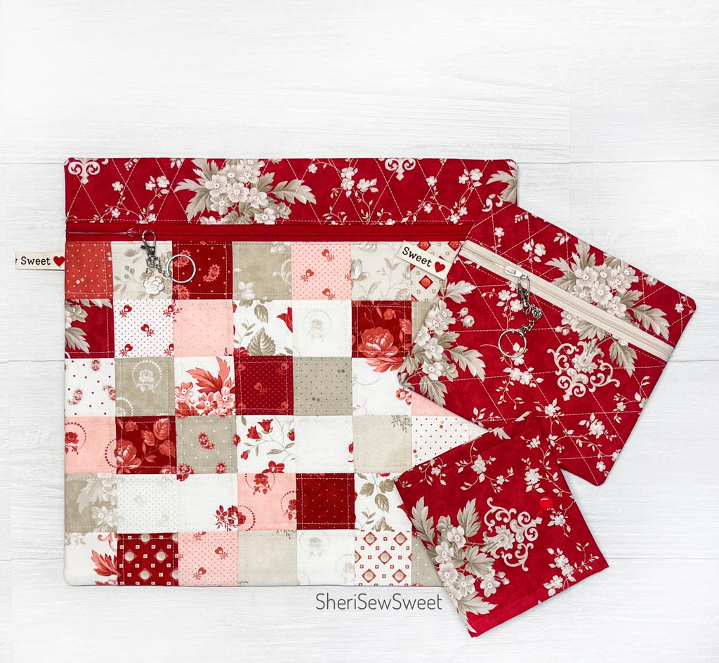 Red and Pink Quilted Project Bag with Ridgewood Fabric by Minick & Simpson