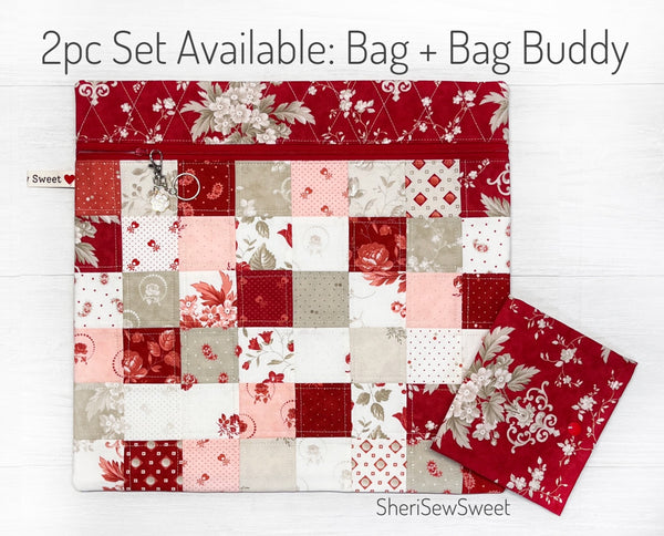 Red and Pink Quilted Project Bag with Ridgewood Fabric by Minick & Simpson