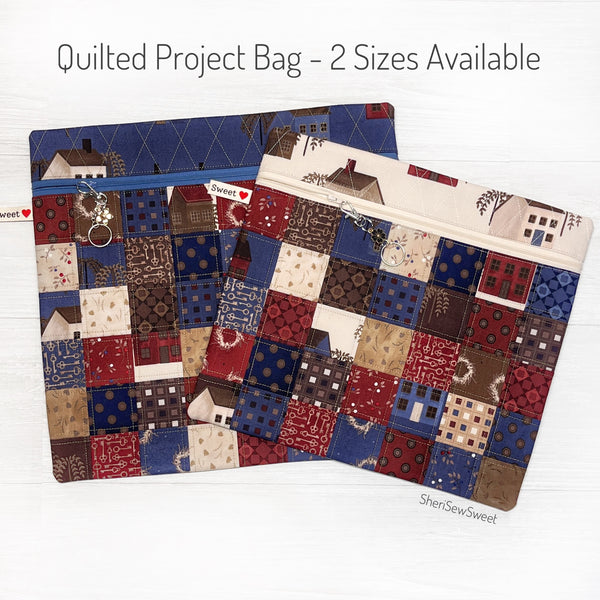 Quilted Project Bag with Primitive Saltbox Fabric