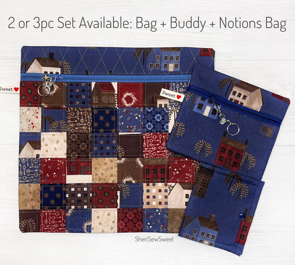 Quilted Project Bag with Primitive Saltbox Fabric