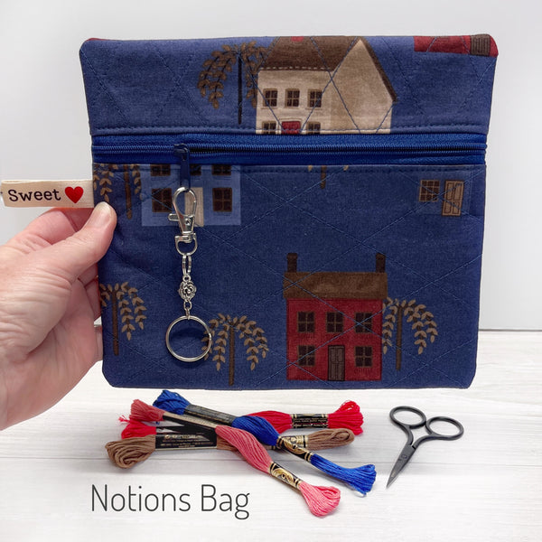 Quilted Project Bag with Primitive Saltbox Fabric
