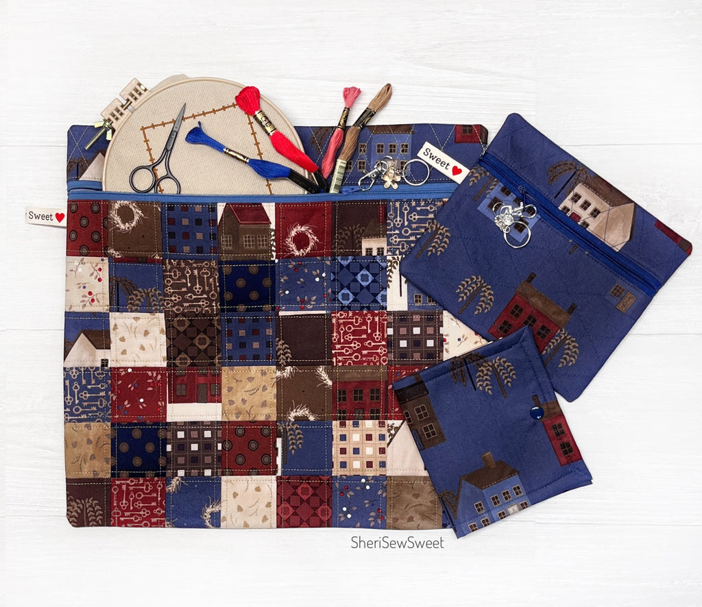 Quilted Project Bag with Primitive Saltbox Fabric