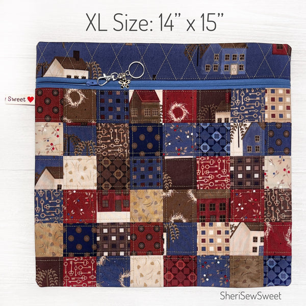 Quilted Project Bag with Primitive Saltbox Fabric