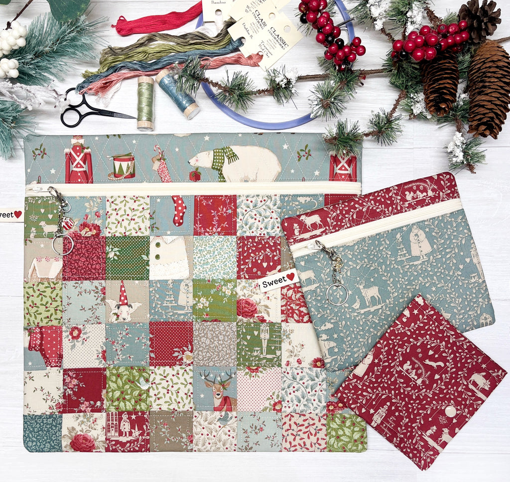 Project Bag w/Tilda Merry Little Christmas Fabrics, Quilted Patchwork Zipper Bag for Cross Stitch Organization