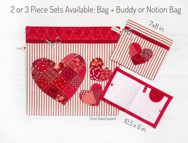 Valentines Cross Stitch Project Bag with Quilted Hearts