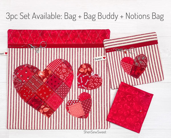 Valentines Cross Stitch Project Bag with Quilted Hearts