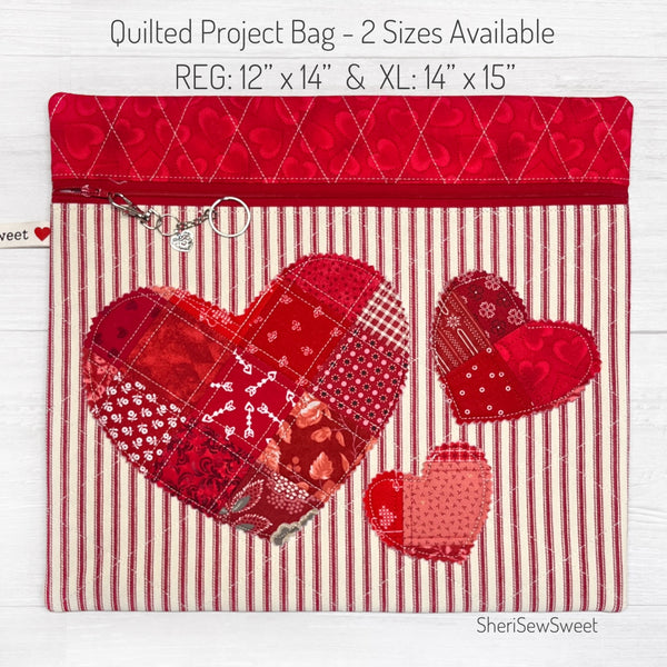 Valentines Cross Stitch Project Bag with Quilted Hearts