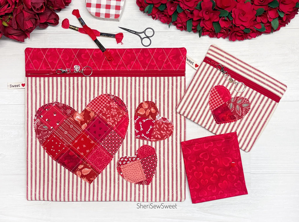 Valentines Cross Stitch Project Bag with Quilted Hearts