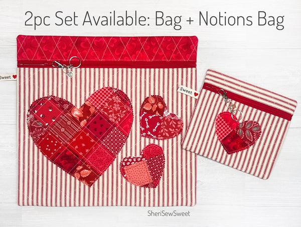 Valentines Cross Stitch Project Bag with Quilted Hearts