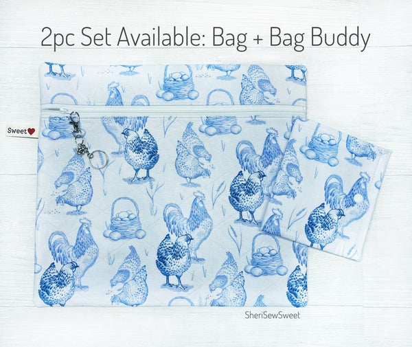 Blue Chickens Quilted Cross Stitch Project Bag