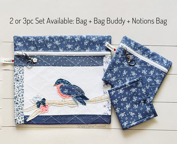 Cross Stitch Project Bag with Blue Bird Applique