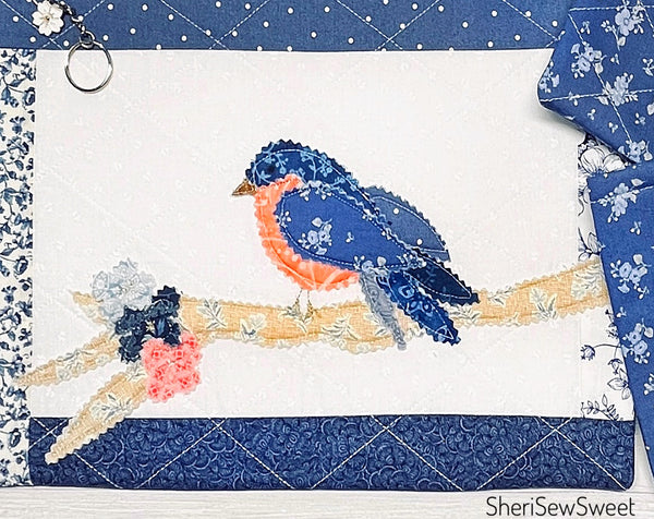 Cross Stitch Project Bag with Blue Bird Applique