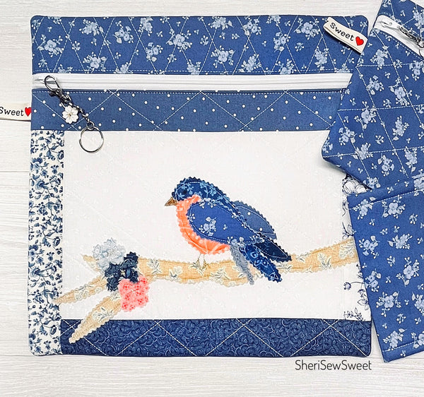 Cross Stitch Project Bag with Blue Bird Applique