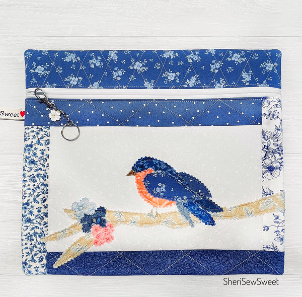 Cross Stitch Project Bag with Blue Bird Applique