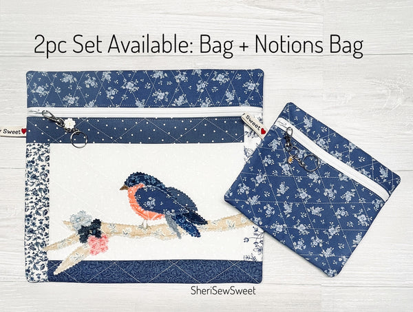 Cross Stitch Project Bag with Blue Bird Applique