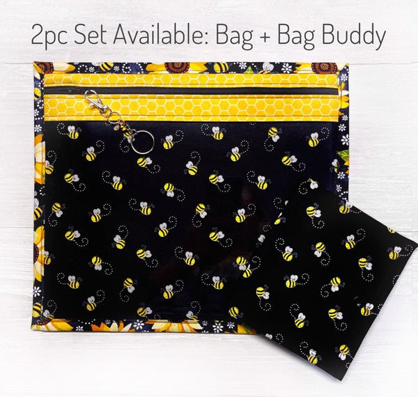 Cross Stitch Project Bag with Bees and Sunflowers - Vinyl Front Bag