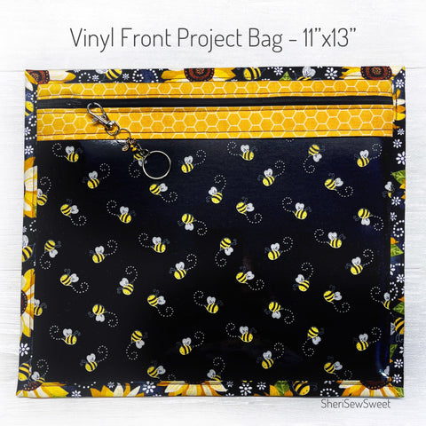 Cross Stitch Project Bag with Bees and Sunflowers - Vinyl Front Bag