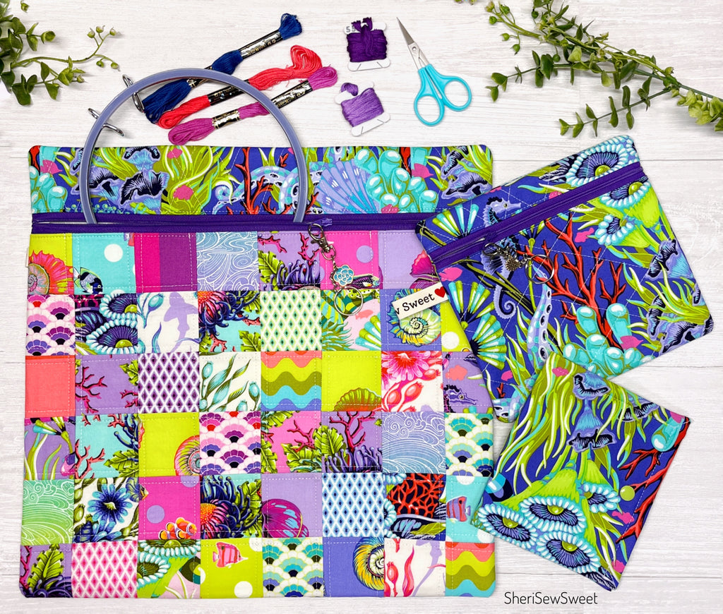 Cross Stitch Project Bag with Floral Reef Fabrics by Tula Pink