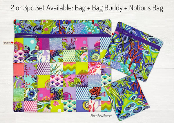 Cross Stitch Project Bag with Floral Reef Fabrics by Tula Pink