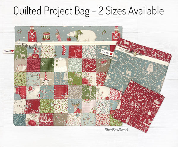 Project Bag w/Tilda Merry Little Christmas Fabrics, Quilted Patchwork Zipper Bag for Cross Stitch Organization