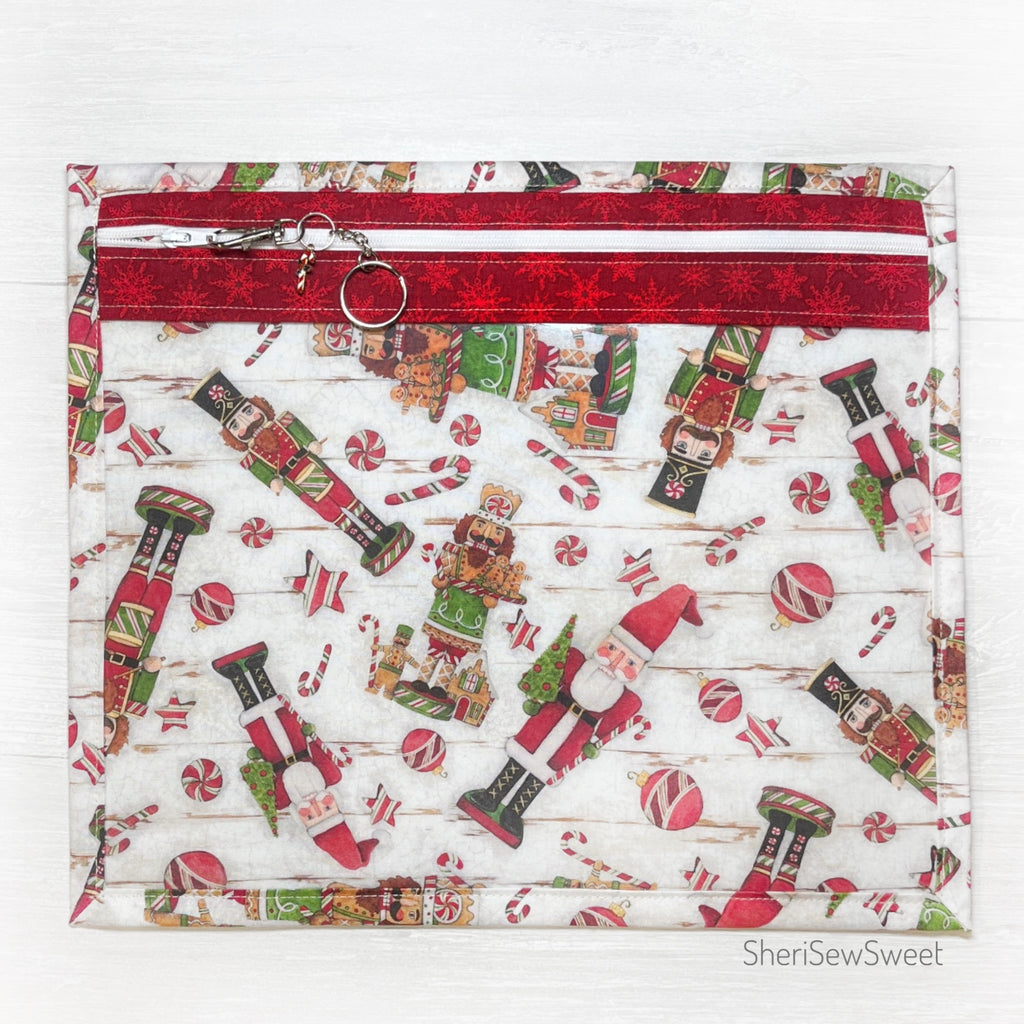 Christmas Cross Stitch Project Bag with Nutcracker Fabric - Vinyl Front Bag