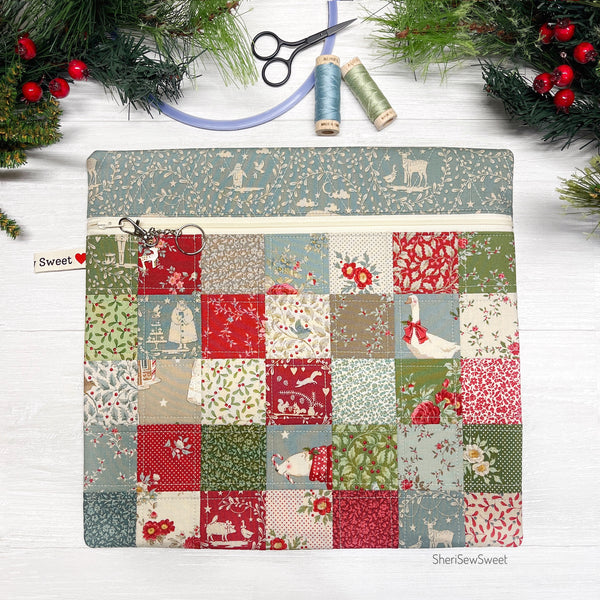 Project Bag w/Tilda Merry Little Christmas Fabrics, Quilted Patchwork Zipper Bag for Cross Stitch Organization