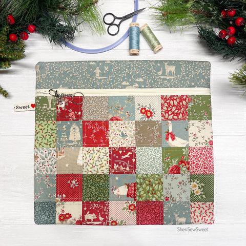 Project Bag w/Tilda Merry Little Christmas Fabrics, Quilted Patchwork Zipper Bag for Cross Stitch Organization