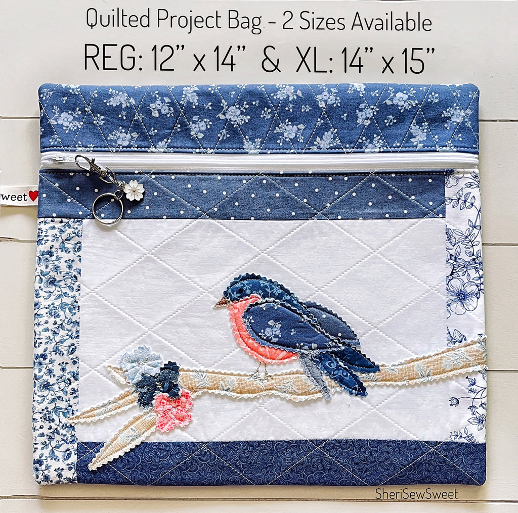 Cross Stitch Project Bag with Blue Bird Applique
