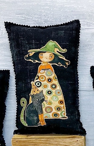 Halloween Witch Mini Pillow with Cat