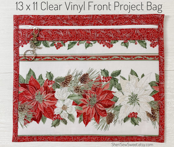 Christmas Poinsettias Cross Stitch Project Bag with Vinyl Front